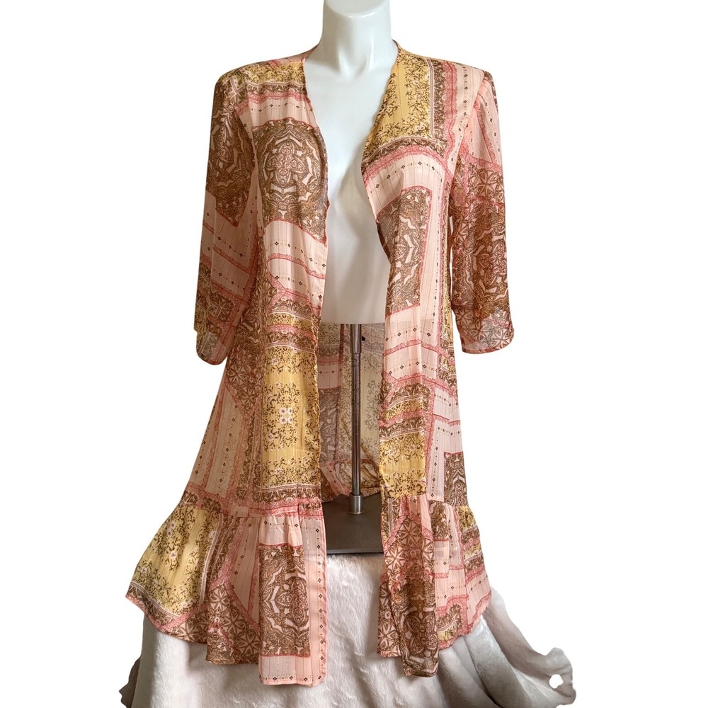 Maurices Womens XL Paisley Patchwork Kimono Cardigan Peach Gold Shimmer Ruffle
